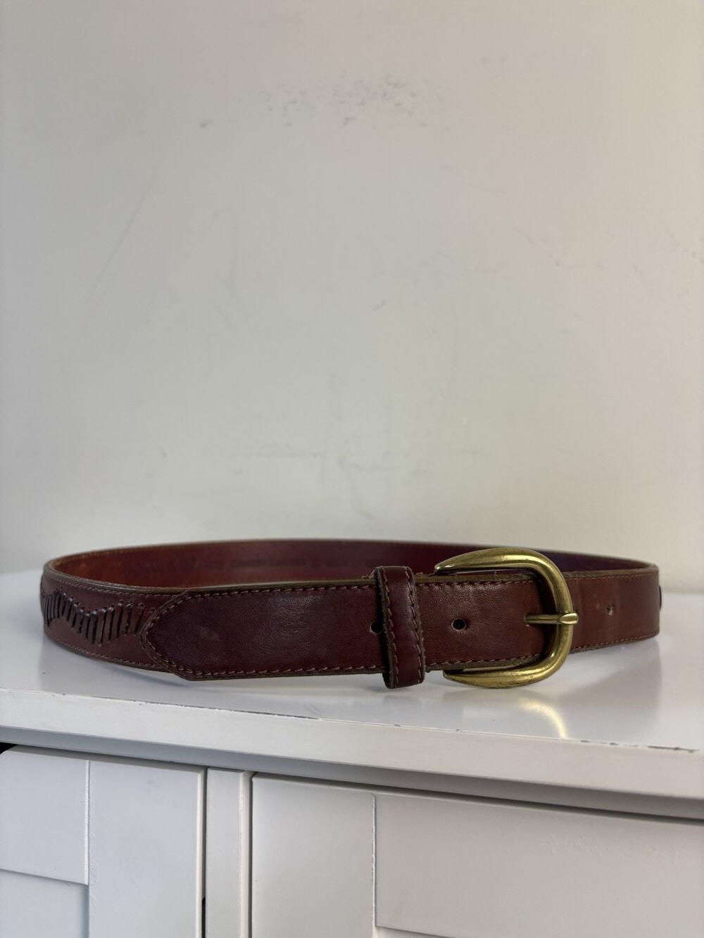 Vtg 90s Donna Katz Brown Genuine Leather Belt Whipstitch Western Boho M/L